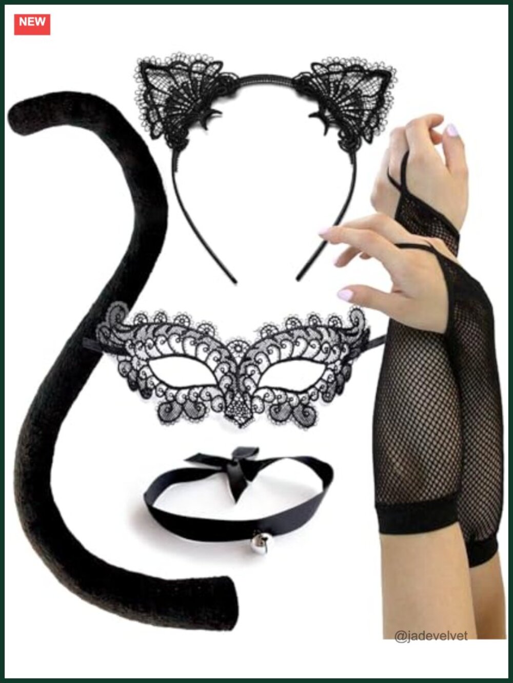 5 Pc Lace Cat Costume Set Faux Fur Tail Choker Mask Fishnet Sleeves